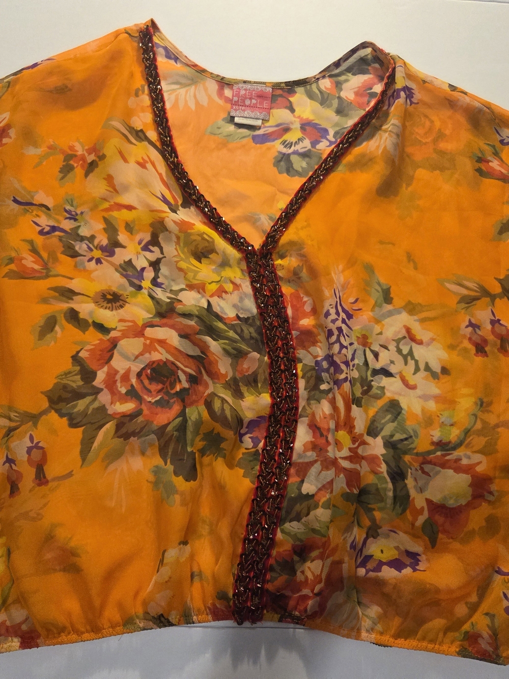 Free People Orange Floral Sheer V-Neck Top